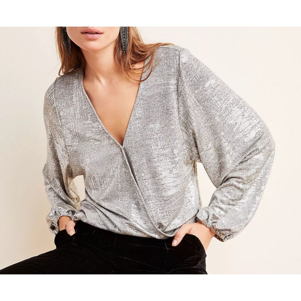 Anthropologie Carys Metallic Silver Dolman Top Medium Faux Wrap Disco Shimmer